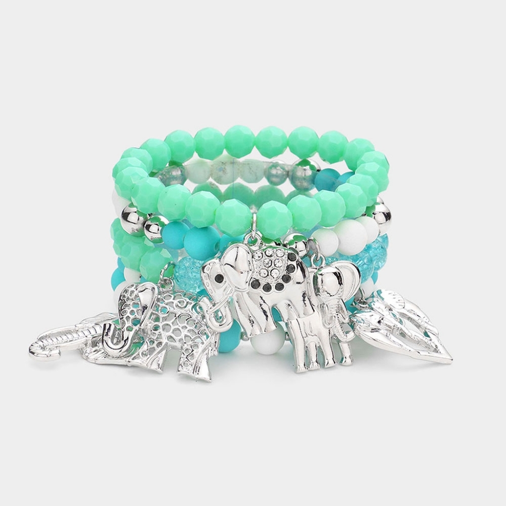 Turquoise Beaded 5 PC Elephant Charm Stack Stretch Layered Bracelets Strand